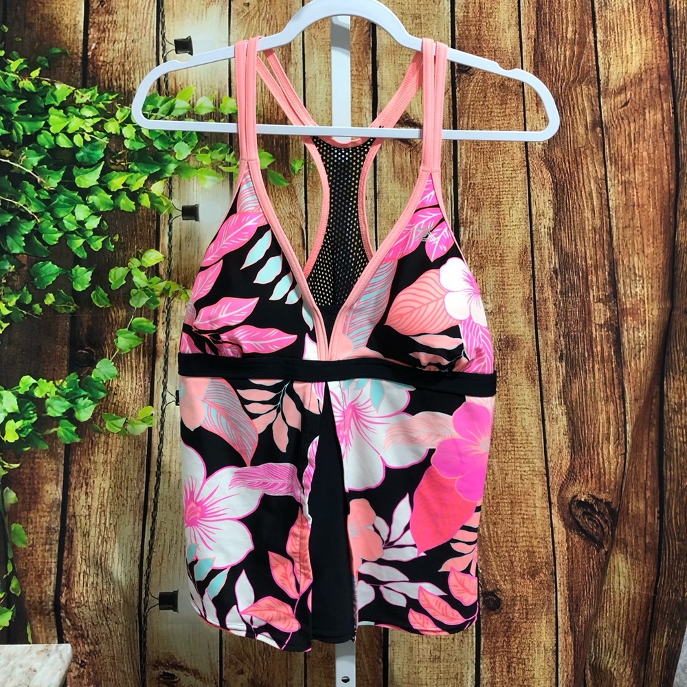 Floral Pink and Black Women's Swim Top
